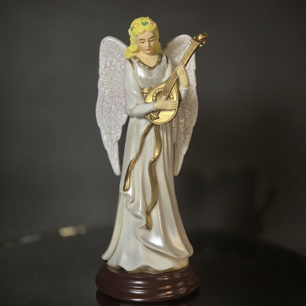 Vintage Enesco 6.5" Angel Figurine White / Gold Robe Playing Lute Music Box